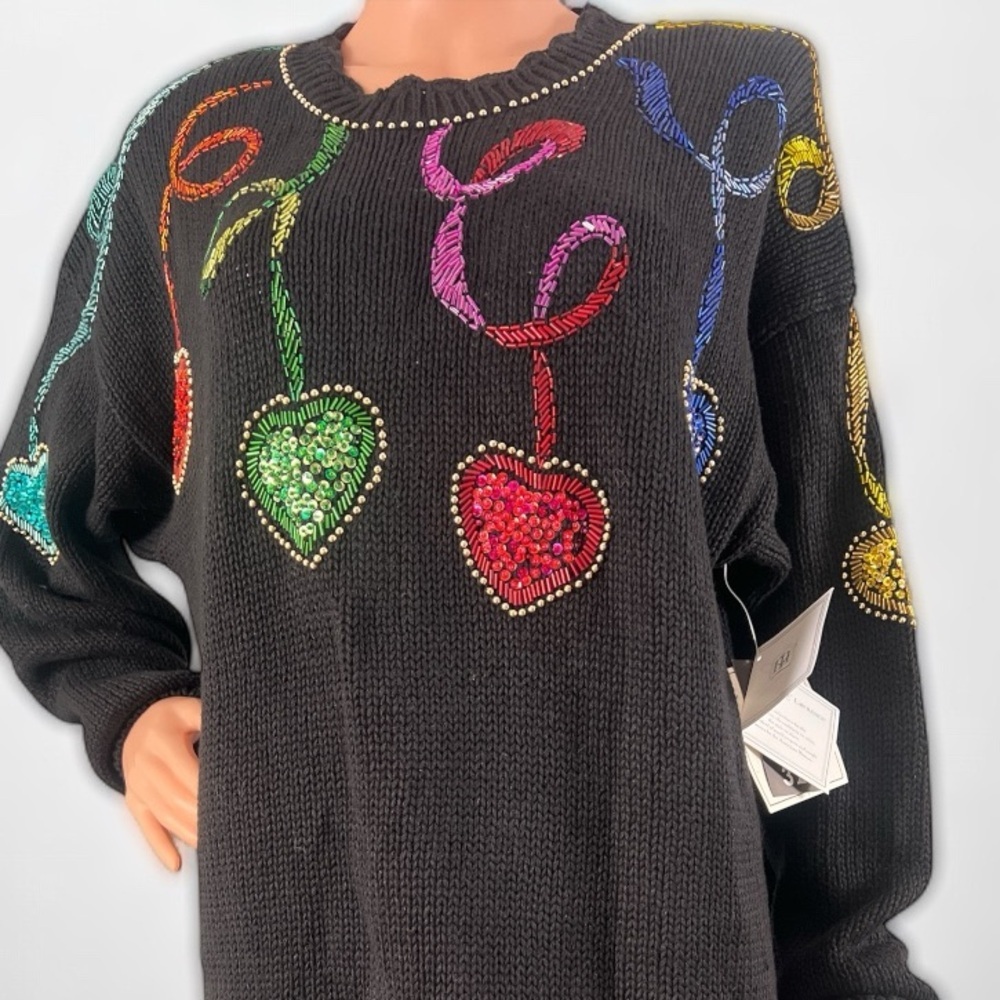 Maggie Lawrence Vintage Black Long Sleeve Tunic Sweater Beaded Hearts Size L New